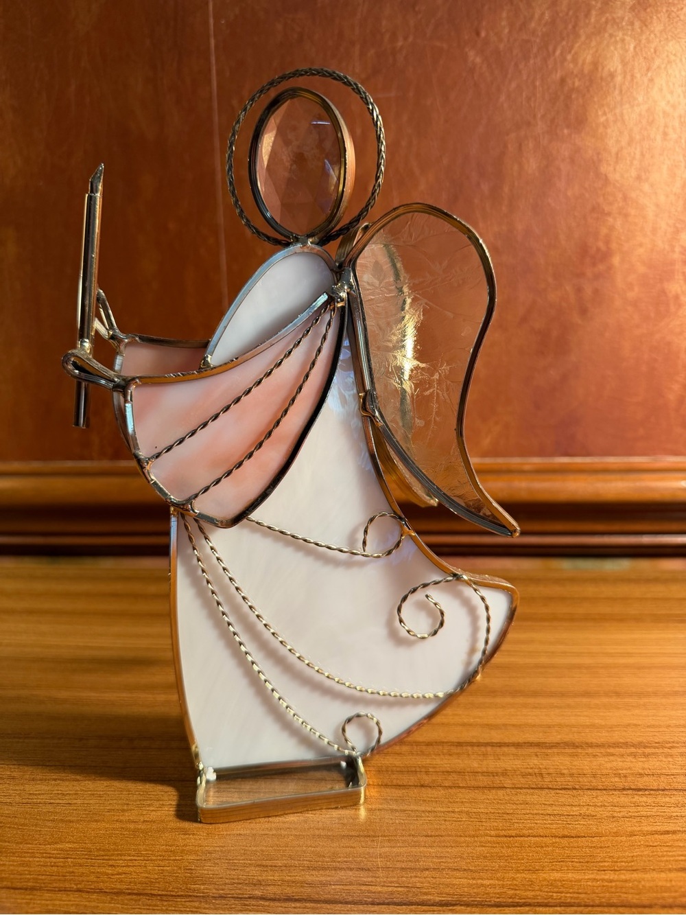 Vintage Stained Glass Angel 9" Pink White Opalescent Slag Glass Candle Holder